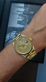 Rolex Day-Date 36 embroidery honeycomb pave 2 year rolex warranty