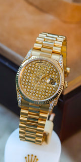 Rolex Day-Date 36 embroidery honeycomb pave 2 year rolex warranty