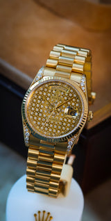 Rolex Day-Date 36 embroidery honeycomb pave 2 year rolex warranty