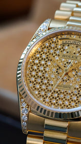 Rolex Day-Date 36 embroidery honeycomb pave 2 year rolex warranty