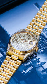 Rolex Day-Date 36 embroidery honeycomb pave 2 year rolex warranty