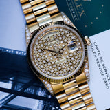 Rolex Day-Date 36 embroidery honeycomb pave 2 year rolex warranty