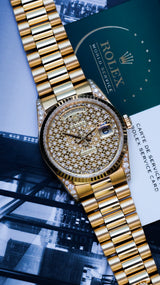 Rolex Day-Date 36 embroidery honeycomb pave 2 year rolex warranty