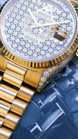 Rolex Day-Date 36 embroidery honeycomb pave 2 year rolex warranty