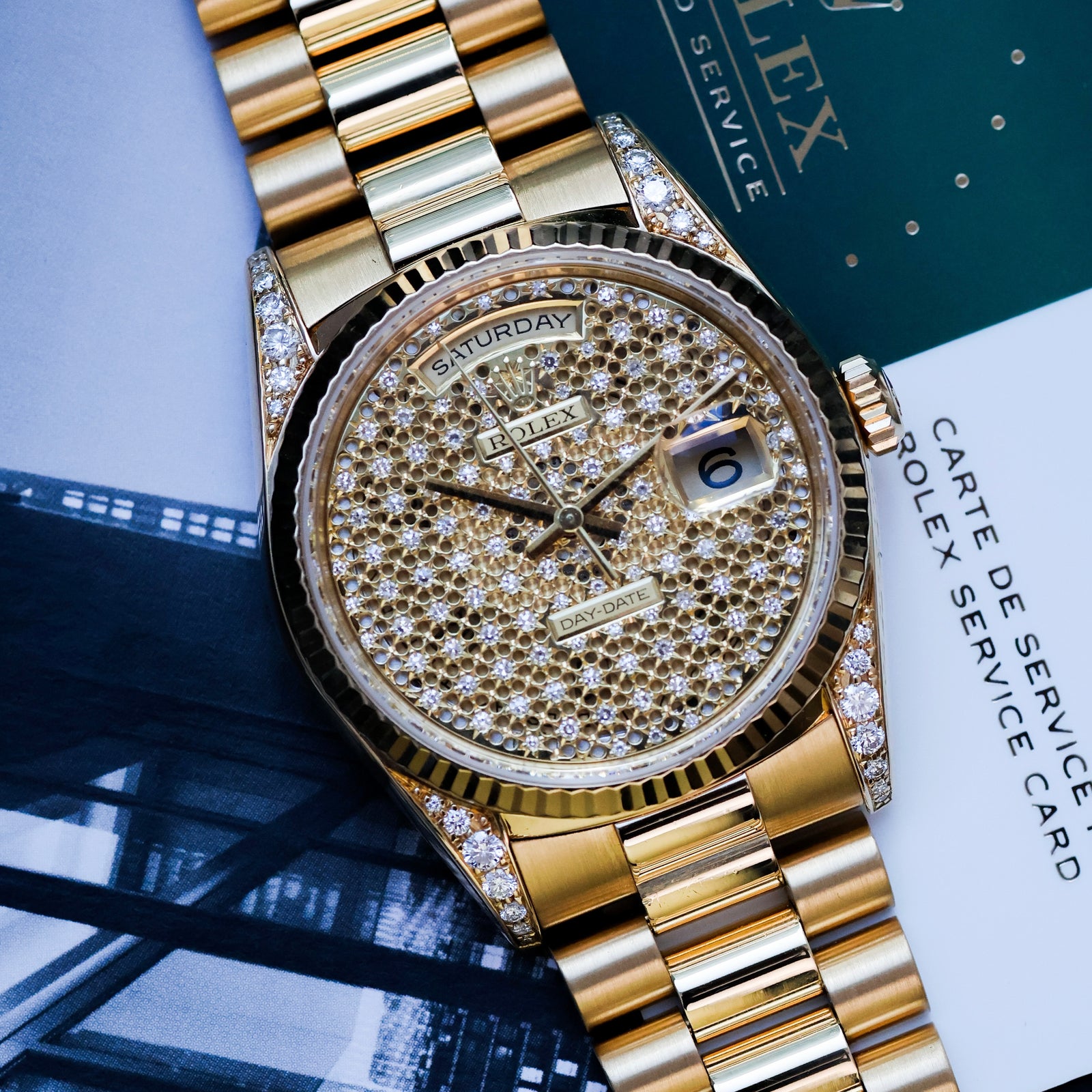 Rolex Day-Date 36 embroidery honeycomb pave 2 year rolex warranty